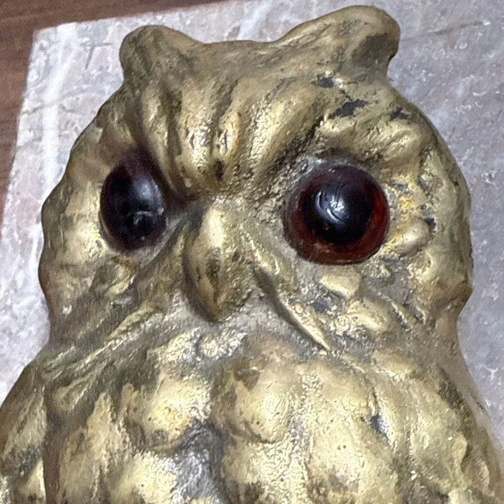 Antique OWL Figural Brass & Marble Desktop Paper Holder Paperclip Vintage Unique